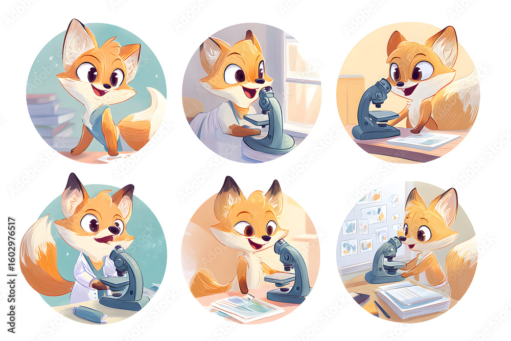Obraz premium Playful Cartoon Fox Engaged in Science Experiments with Microscope