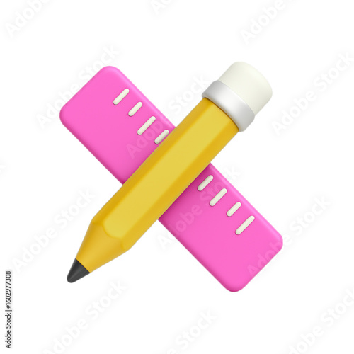 Yellow pencil and pink ruler crossed isolated on transparent background