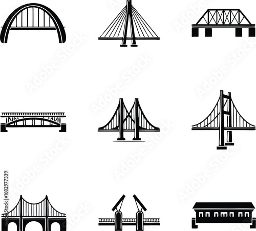 Collection of various architectural bridge designs in black and white vector illustrations