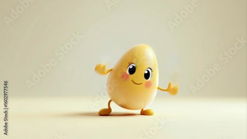 Animated cartoon egg character dancing joyfully in a playful and whimsical way