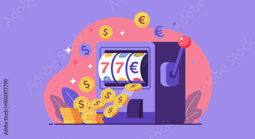 Vector illustration of a casino slot machine hitting a jackpot with a lucky payout of gold coins and currency.