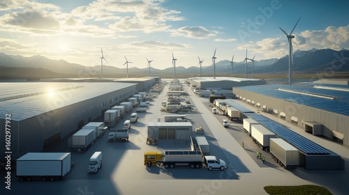 Photorealistic visualization of a large industrial complex with solar panels, electric delivery vans, and workers assembling green building materials in the context ofcondition, morning light
