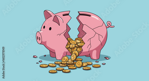 Broken Piggy Bank Illustration Financial Loss and Savings Crisis