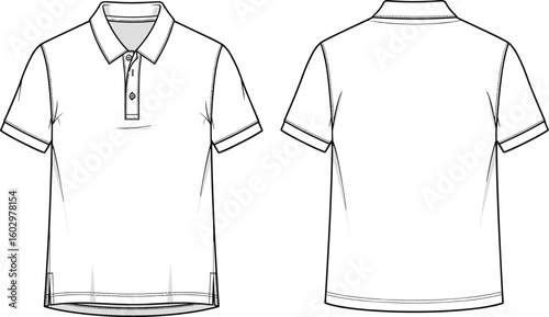 CAD drawing flat vector illustration of men’s short sleeve polo shirt front and back view technical fashion apparel sketch