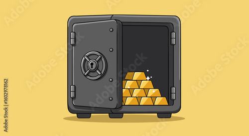 Secure Vault Protection for Valuable Assets and Investments, Featuring Stacks of Precious Gold Bars Inside an Open Steel Safe