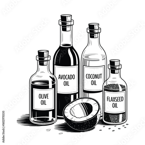 Black and white vector illustration of healthy oils in labeled bottles including olive oil, avocado oil, coconut oil, and flaxseed oil
