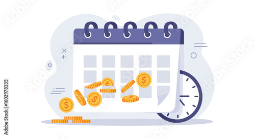 Financial planning and time management concept with a calendar, clock, and falling gold coins.