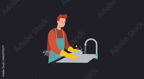 Illustration of a man in an apron washing dishes at the kitchen sink. Concept of household chores and daily routine.