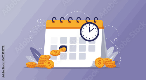 Time is money concept showing a calendar with a clock and coins for financial scheduling and deadlines.