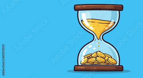 Time is Money Illustrated Hourglass with Golden Coins and Sand on Blue Background