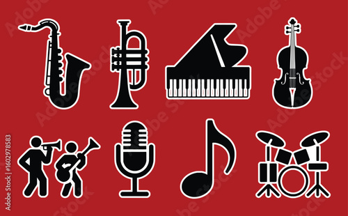 Black musical instruments and performers on a red background saxophone trumpet
