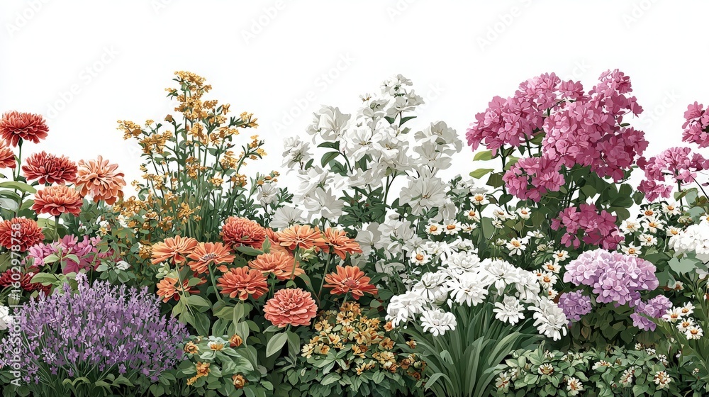 Obraz premium Assorted Flowers in a Flowerbed with White Background