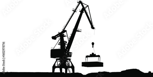 Silhouette of a large industrial crane lifting a container in a port isolated on white background