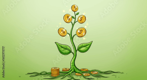 Financial Growth Concept Coins as Leaves on a Thriving Plant