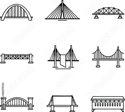 Collection of various bridge designs in simple black and white outline style