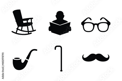 Silhouette of rocking chair person reading glasses pipe cane mustache vector