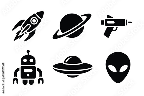 Space exploration icons rocket planet robot alien spaceship laser gun Saturn