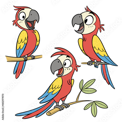 A colorful cartoon parrot with a vibrant beak perches on a branch in the tropical jungle, showcasing its wild and exotic feathers