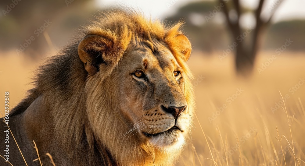 Obraz premium Majestic Lion in Golden Savanna Light