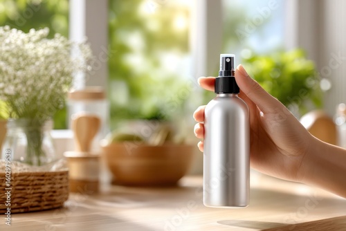 Macro close-up of hand holding all-purpose spray bottle with blank elegant label against bright kitchen light and soft shadows

