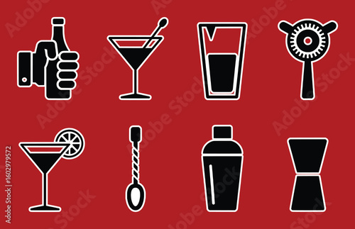 Cocktail bar tools and drinks collection martini glass
