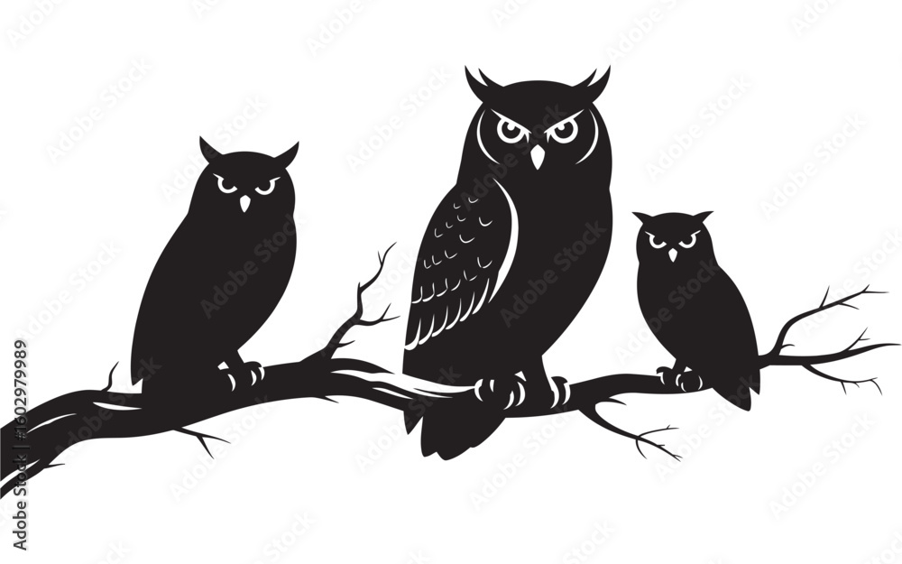 Obraz premium Set of Owl Silhouettes in Vector Style, Showcasing Different Angles and Perched Positions, Perfect for Wildlife Illustrations and Modern Graphic Work