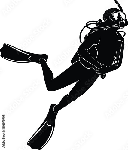 Silhouette illustration of a diver wearing scuba gear swimming underwater with flippers