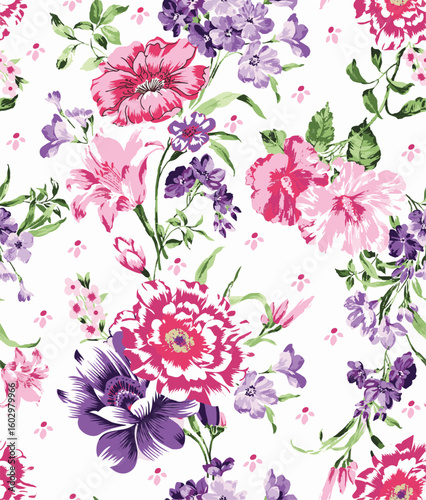 Seamless vector pattern with floral motif.hand painted pink botanical flower with small flower arrangements. vintage watercolor flower arrangements repeating print for fabric, wallpaper fashion print.