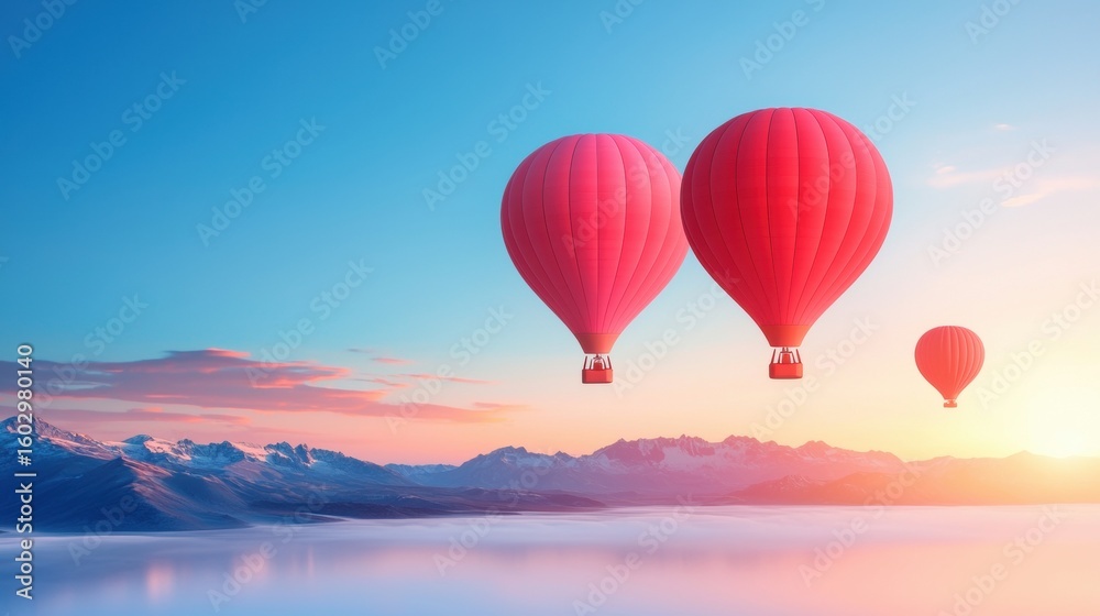 Fototapeta Paradise Hot air balloons floating over a stunning valley at sunrise.