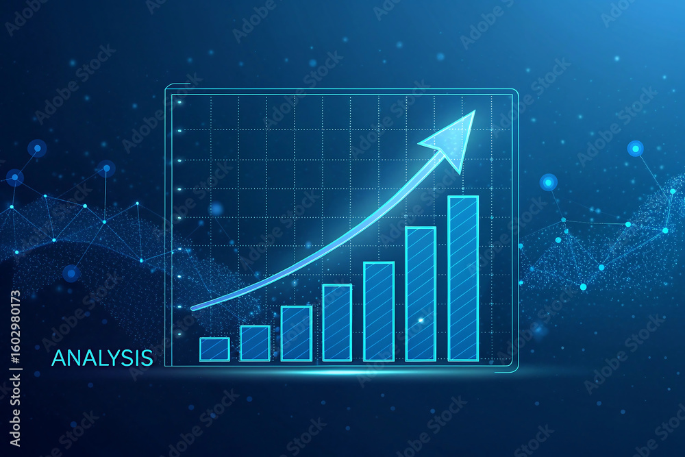 Naklejka premium Digital financial growth chart with upward arrow and data analysis on blue background