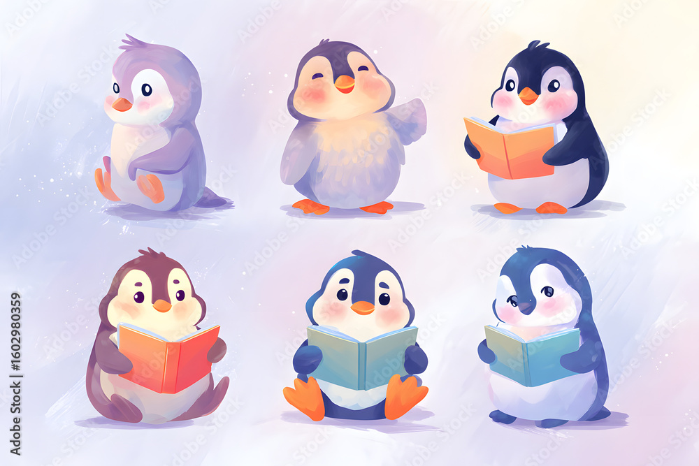 Fototapeta premium Playful Penguin Characters Engaging with Books in Whimsical Style