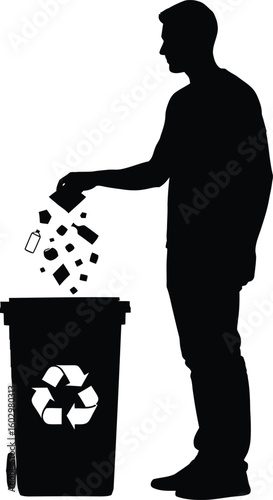 A silhouette of a man actively discards various items including a bottle into a wheeled recycling bin