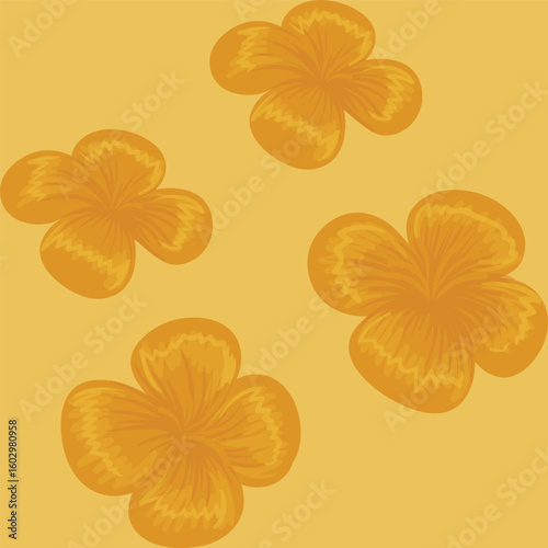 A seamless fabric pattern with yellow hibiscus flowers on an orange background.