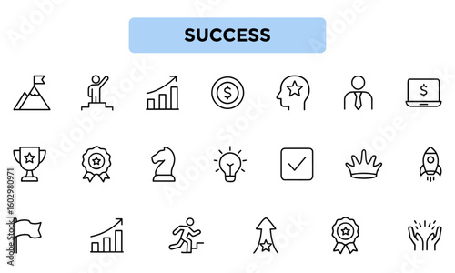 Success Line Icons Pack – Outline Icons Representing Achievement, Growth, Leadership, Motivation, Victory, Rewards, and Personal Development