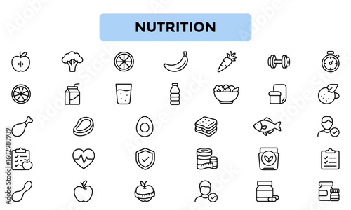 Nutrition Line Icons Pack – Outline Icons of Healthy Food, Vitamins, Macros, Meal Plans, and Diet Essentials
