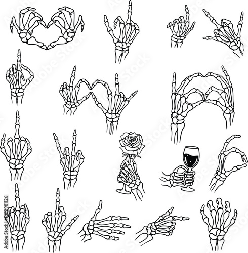 Spooky black and white vector illustrations of skeleton hands gesturing various signs and symbols