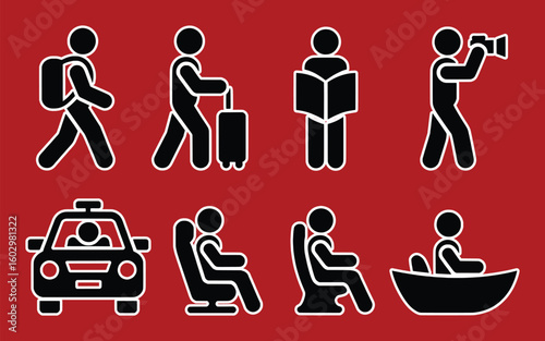 Diverse people engaging in various activities and transportation travel icons