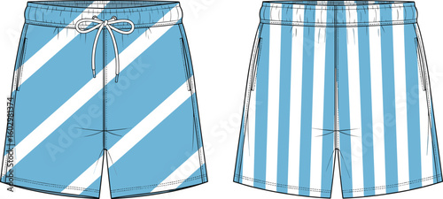 CAD drawing flat vector illustration of striped drawstring swim shorts front and back view, technical beachwear fashion apparel design template
