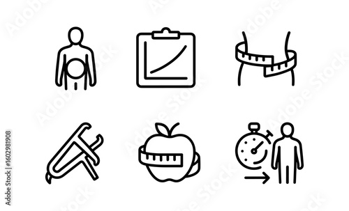 Health and fitness icons set: diet, weight loss, exercise, and measurement in minimalist style