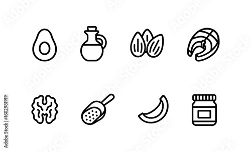 Set of linear healthy food icons featuring nuts, seeds, and oils