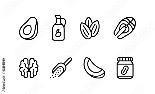 Collection of healthy fat sources in modern linear icons