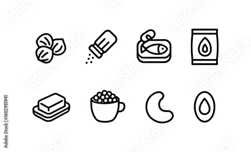 Minimalist line art icons of food ingredients and snacks