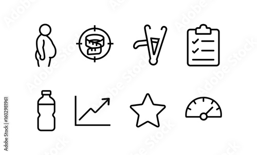 Health and fitness icons: weight, hydration, and progress in minimal line art