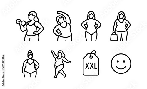 Curvy woman icons: fitness, shopping, fashion, and body positivity