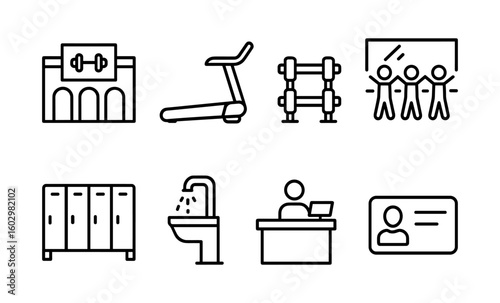 Gym equipment icons set: treadmill, dumbbells, locker, shower, reception, fitness class