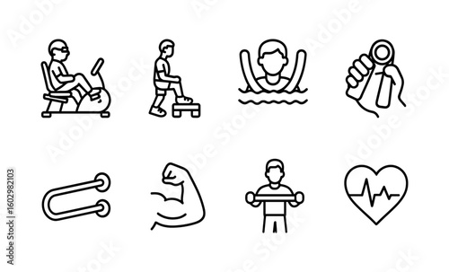 Line art fitness icons: cycling, swimming, strength training, heart health