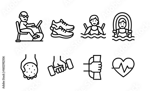 Fitness and wellness icons: exercise, swimming, heart health, and sports equipment