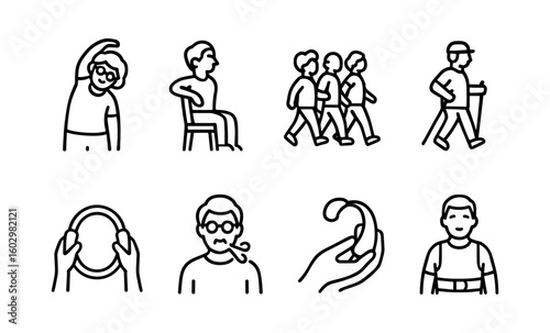 Outline icons depicting elderly fitness and lifestyle activities