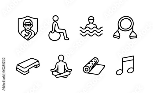 Fitness and wellness icon set with yoga, swimming, exercise, and music