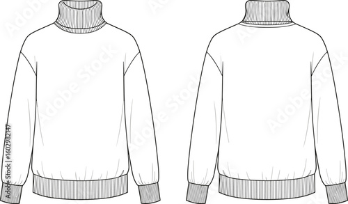 CAD drawing flat vector illustration of turtleneck sweater with ribbed cuffs, hem, neckline, relaxed fit, technical fashion design sketch